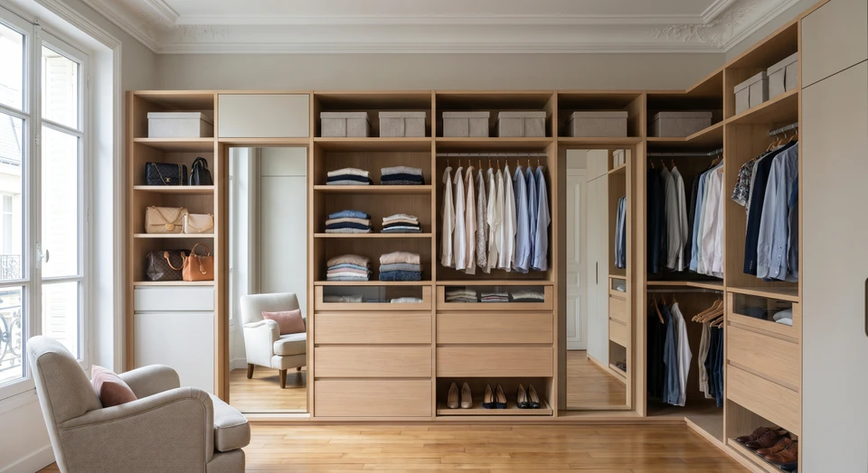 Photographie réelle d'un dressing encastré sur mesure dans une chambre contemporaine, montrant des étagères et rangements intelligemment organisés avec textiles pliés, boîtes de rangement et accessoires bien rangés, capturant la fonctionnalité et l'ordre, éclairage naturel chaleureux soulignant la qualité de l'aménagement.