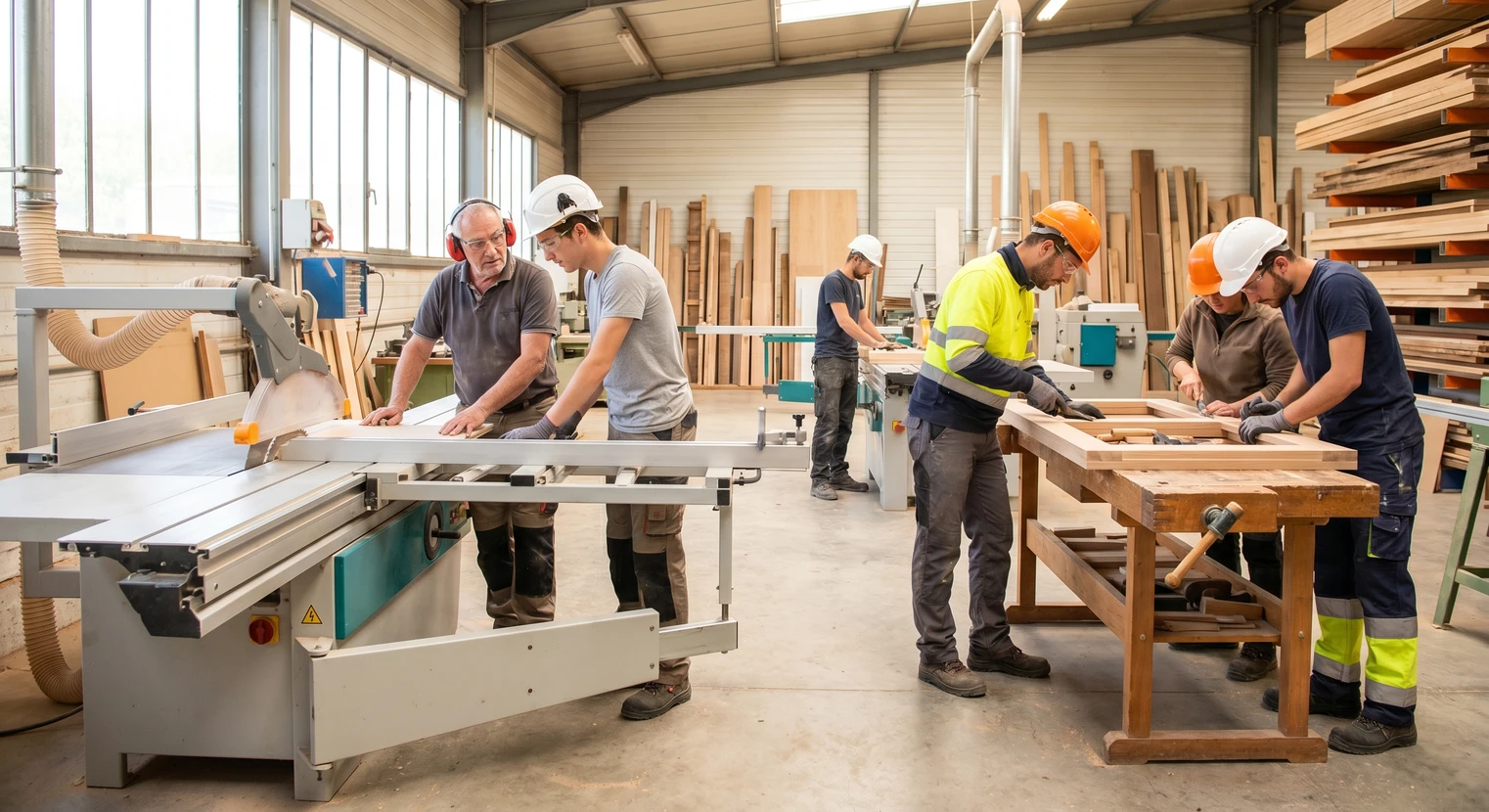 Photographie en intérieur d'un atelier de menuiserie artisanale, montrant plusieurs artisans en train de travailler aux machines et établis dans une ambiance lumineuse et professionnelle. L'image doit transmettre l'essence du savoir-faire, du travail de qualité et de la transmission : on peut voir des générations de professionnels côte à côte, concentrés sur leur travail de précision. L'atmosphère doit être chaleureuse, authentique et respectueuse, reflétant la fierté du métier bien fait et la continuité de l'excellence artisanale. Pas de clichés ou de mise en scène, une vraie scène de travail d'atelier.