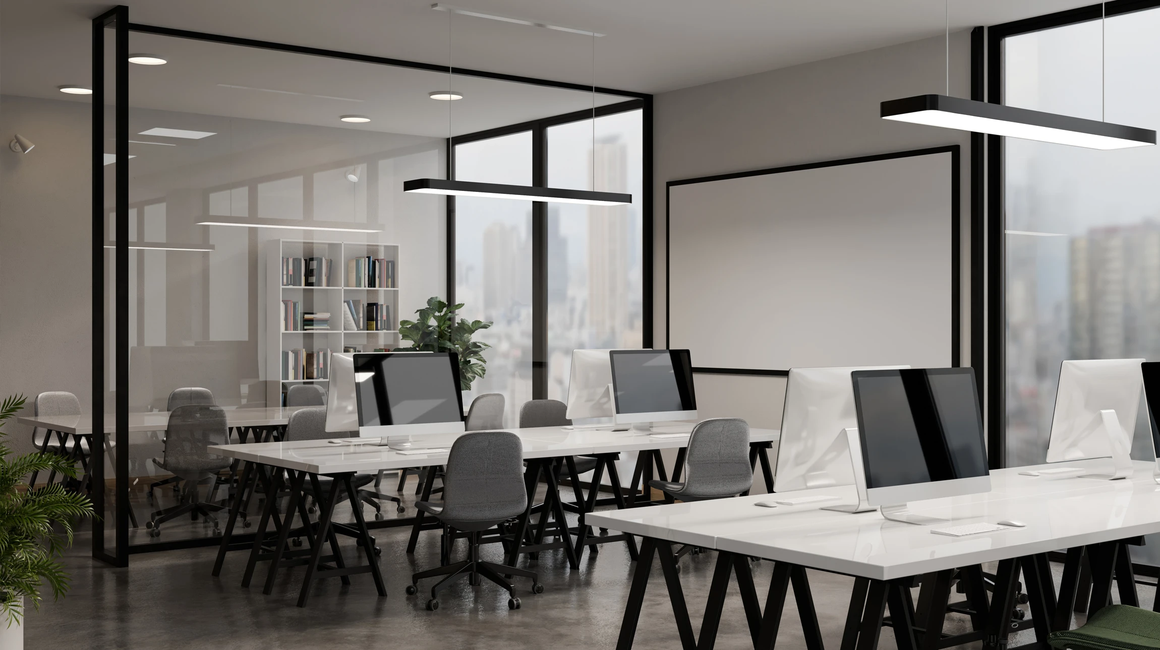 Photographie d'un espace de bureaux haut de gamme aménagé de manière contemporaine, montrant une grande salle de conférence ou un espace collaboratif sans personnes. L'image doit mettre en avant le design intérieur soigné avec mobilier premium, une table de réunion élégante, des éléments architecturaux modernes (murs, revêtements, éclairage), une bonne luminosité naturelle (baies vitrées ou fenêtres), et l'optimisation spatiale caractéristique de LéoBey. La composition doit montrer clairement la qualité de l'aménagement et le sérieux professionnel de l'espace.