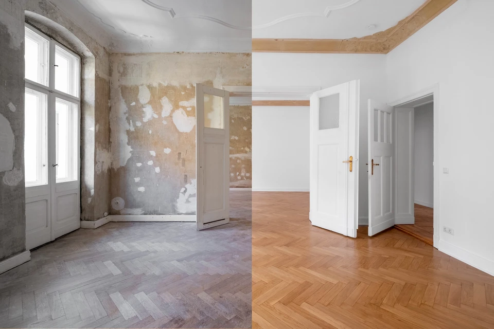 Transformation complète d'un appartement montrant le contraste avant/après rénovation